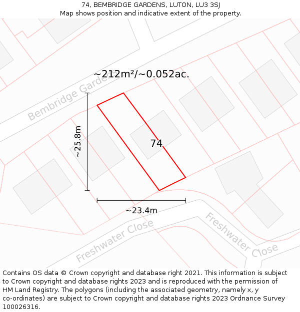 74, BEMBRIDGE GARDENS, LUTON, LU3 3SJ: Plot and title map