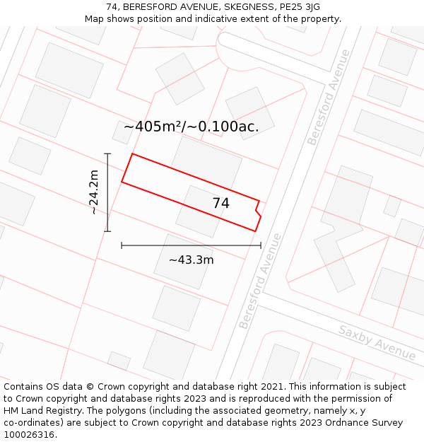 74, BERESFORD AVENUE, SKEGNESS, PE25 3JG: Plot and title map