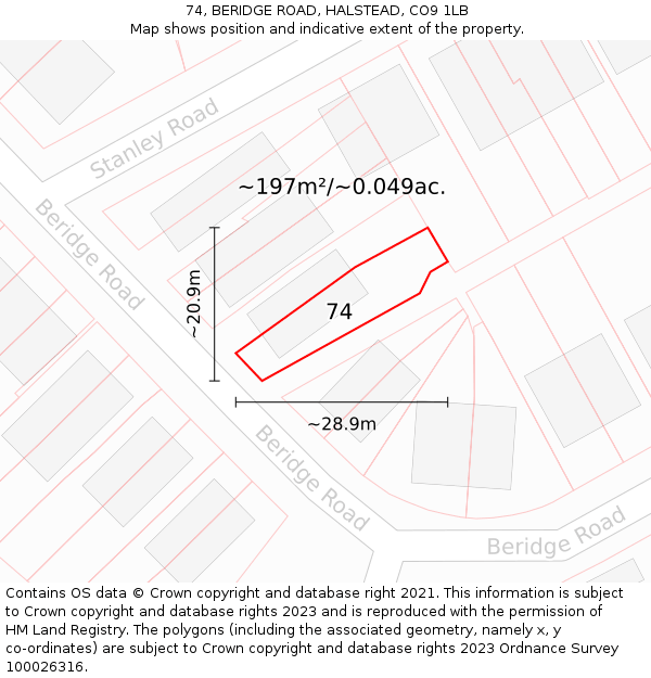 74, BERIDGE ROAD, HALSTEAD, CO9 1LB: Plot and title map