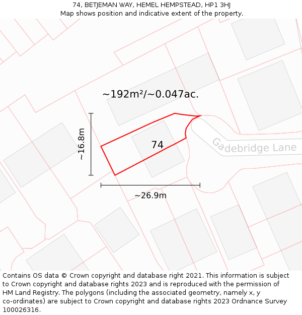 74, BETJEMAN WAY, HEMEL HEMPSTEAD, HP1 3HJ: Plot and title map