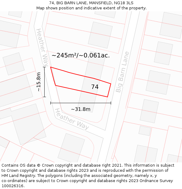 74, BIG BARN LANE, MANSFIELD, NG18 3LS: Plot and title map