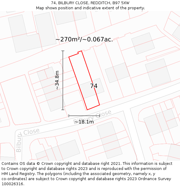 74, BILBURY CLOSE, REDDITCH, B97 5XW: Plot and title map