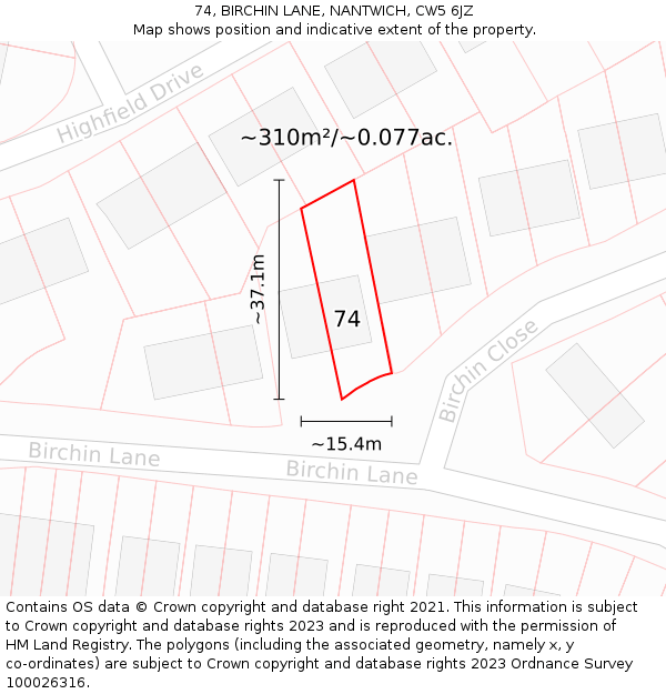 74, BIRCHIN LANE, NANTWICH, CW5 6JZ: Plot and title map