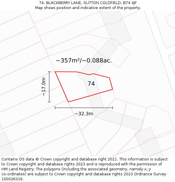 74, BLACKBERRY LANE, SUTTON COLDFIELD, B74 4JF: Plot and title map