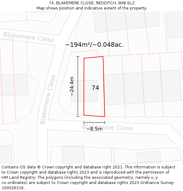 74, BLAKEMERE CLOSE, REDDITCH, B98 0LZ: Plot and title map