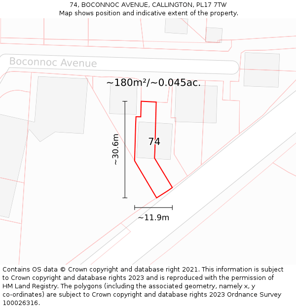 74, BOCONNOC AVENUE, CALLINGTON, PL17 7TW: Plot and title map