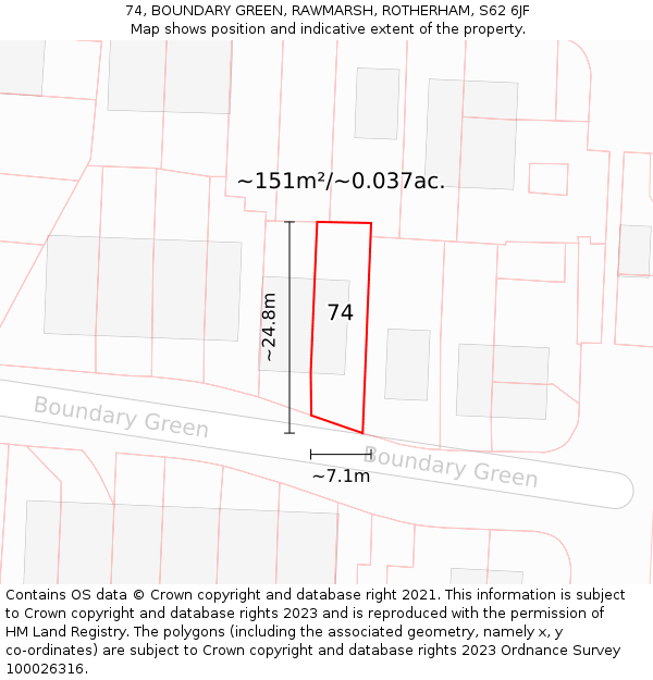 74, BOUNDARY GREEN, RAWMARSH, ROTHERHAM, S62 6JF: Plot and title map