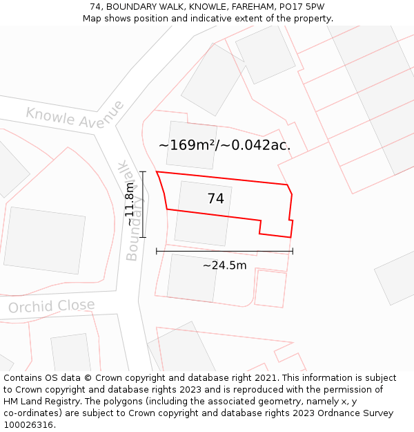 74, BOUNDARY WALK, KNOWLE, FAREHAM, PO17 5PW: Plot and title map