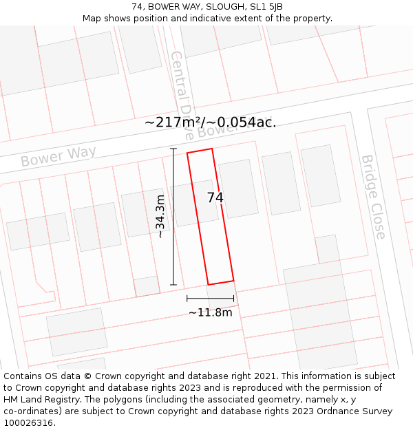74, BOWER WAY, SLOUGH, SL1 5JB: Plot and title map