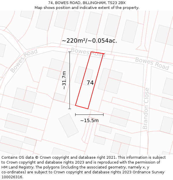 74, BOWES ROAD, BILLINGHAM, TS23 2BX: Plot and title map