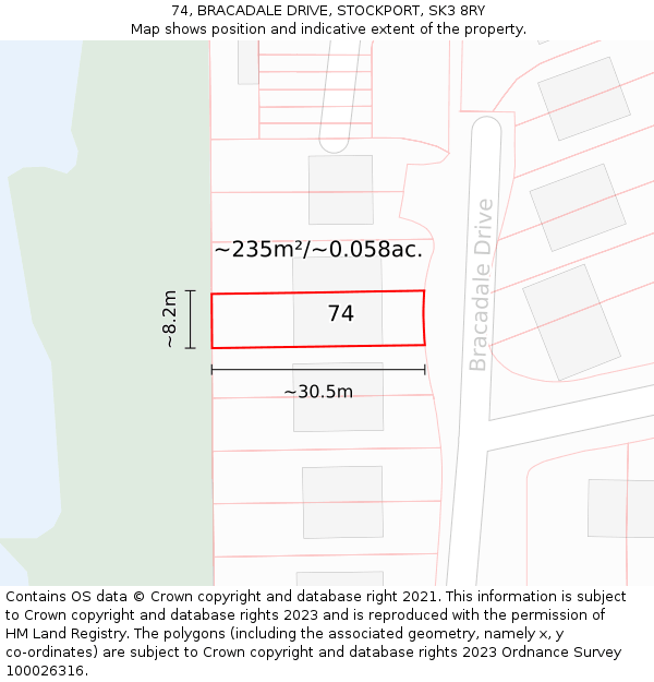 74, BRACADALE DRIVE, STOCKPORT, SK3 8RY: Plot and title map