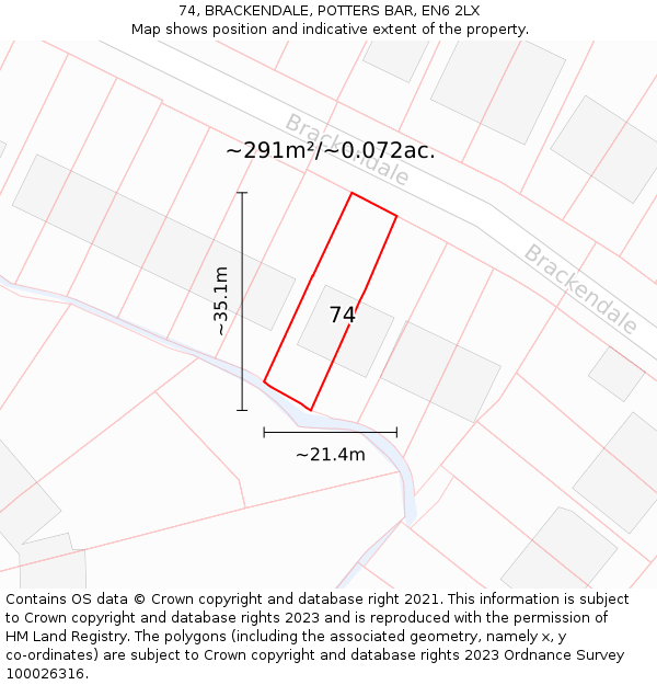 74, BRACKENDALE, POTTERS BAR, EN6 2LX: Plot and title map