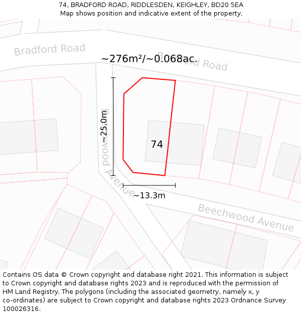 74, BRADFORD ROAD, RIDDLESDEN, KEIGHLEY, BD20 5EA: Plot and title map