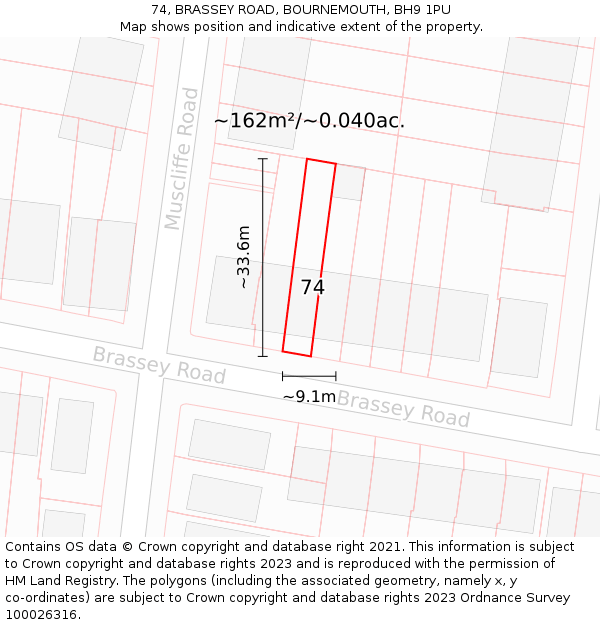 74, BRASSEY ROAD, BOURNEMOUTH, BH9 1PU: Plot and title map