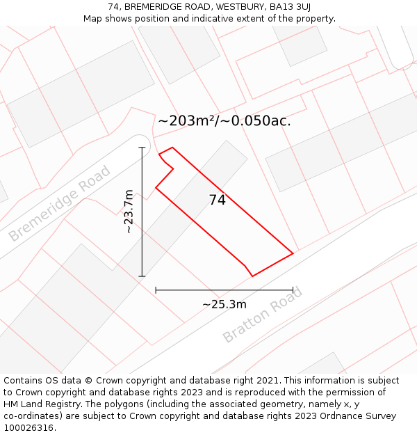 74, BREMERIDGE ROAD, WESTBURY, BA13 3UJ: Plot and title map