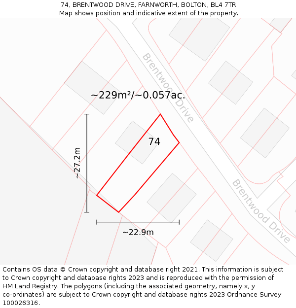 74, BRENTWOOD DRIVE, FARNWORTH, BOLTON, BL4 7TR: Plot and title map