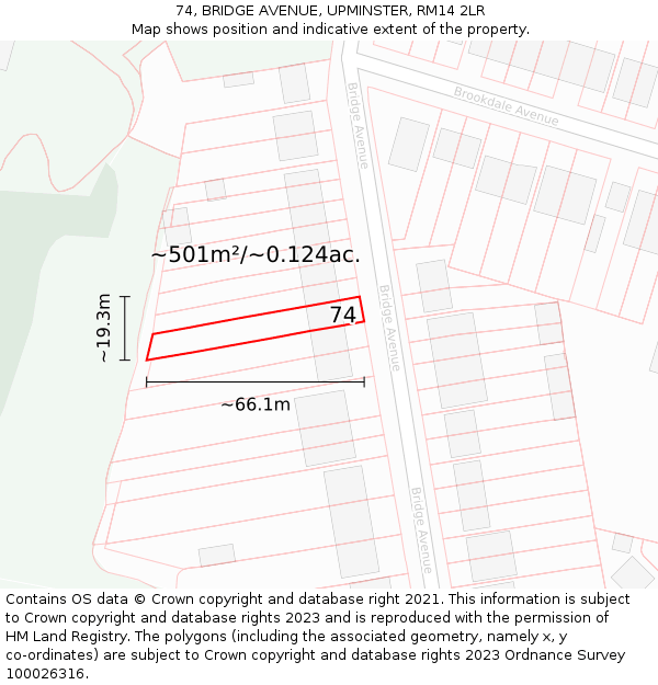74, BRIDGE AVENUE, UPMINSTER, RM14 2LR: Plot and title map