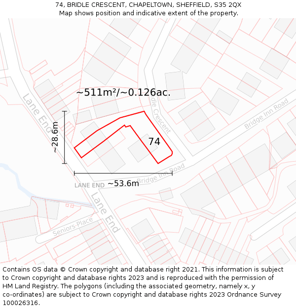 74, BRIDLE CRESCENT, CHAPELTOWN, SHEFFIELD, S35 2QX: Plot and title map