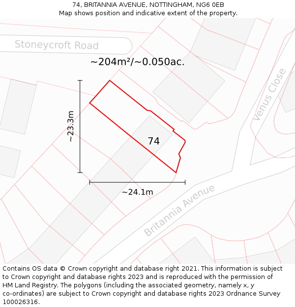 74, BRITANNIA AVENUE, NOTTINGHAM, NG6 0EB: Plot and title map