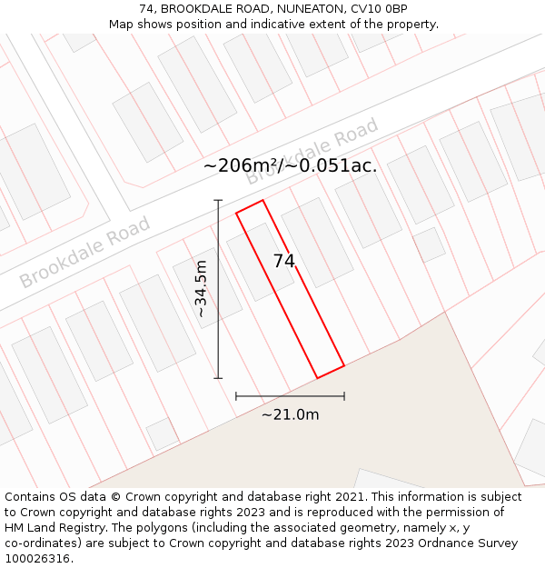 74, BROOKDALE ROAD, NUNEATON, CV10 0BP: Plot and title map