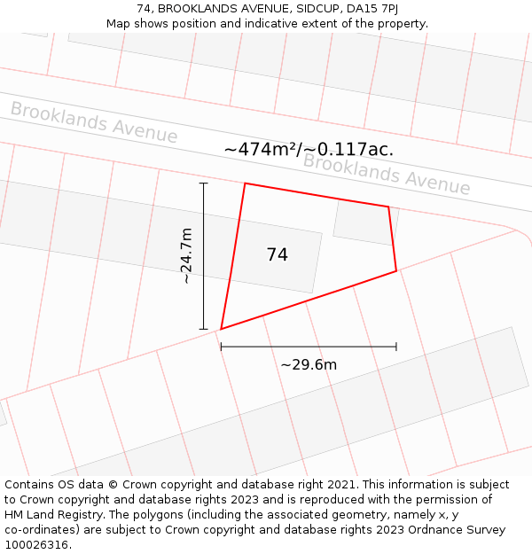 74, BROOKLANDS AVENUE, SIDCUP, DA15 7PJ: Plot and title map