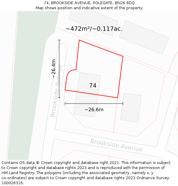 74, BROOKSIDE AVENUE, POLEGATE, BN26 6DQ: Plot and title map