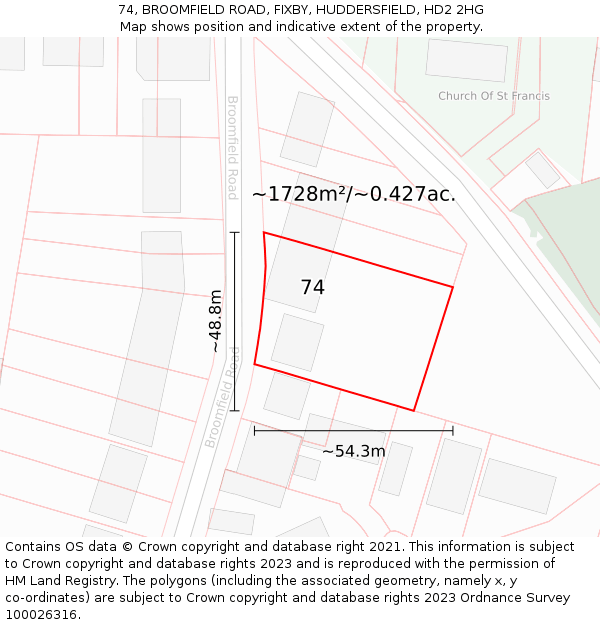 74, BROOMFIELD ROAD, FIXBY, HUDDERSFIELD, HD2 2HG: Plot and title map