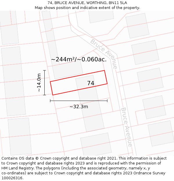 74, BRUCE AVENUE, WORTHING, BN11 5LA: Plot and title map