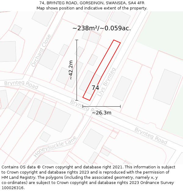 74, BRYNTEG ROAD, GORSEINON, SWANSEA, SA4 4FR: Plot and title map