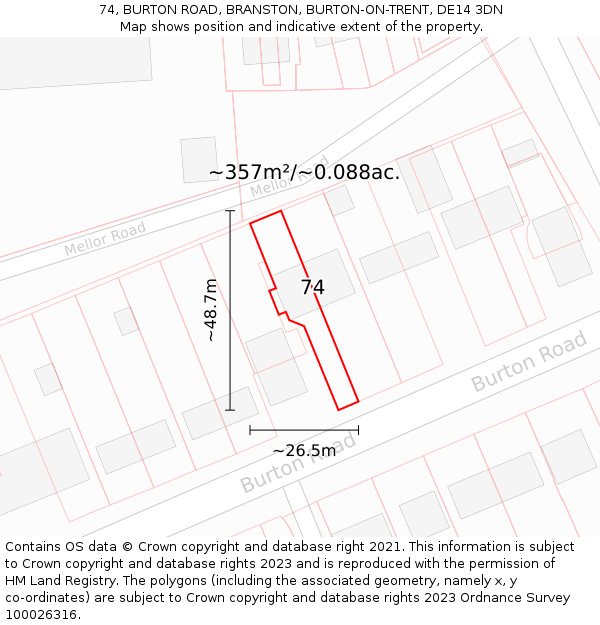 74, BURTON ROAD, BRANSTON, BURTON-ON-TRENT, DE14 3DN: Plot and title map