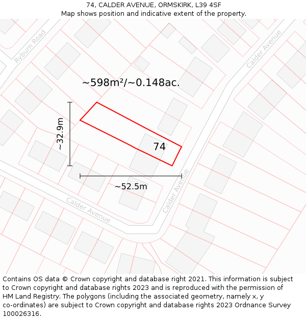 74, CALDER AVENUE, ORMSKIRK, L39 4SF: Plot and title map