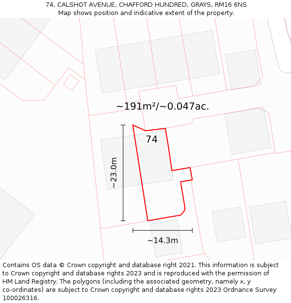 74, CALSHOT AVENUE, CHAFFORD HUNDRED, GRAYS, RM16 6NS: Plot and title map