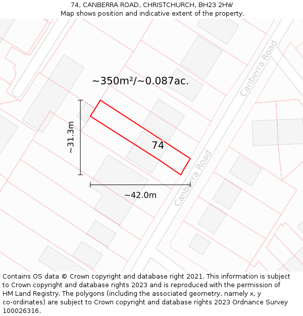 74, CANBERRA ROAD, CHRISTCHURCH, BH23 2HW: Plot and title map