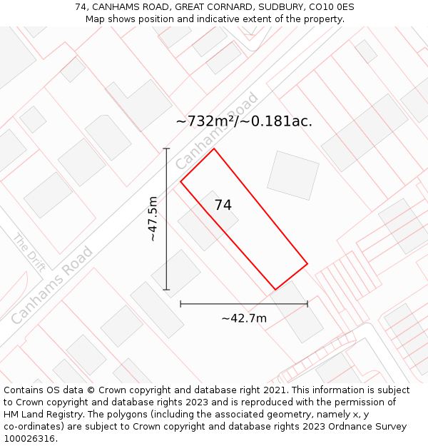 74, CANHAMS ROAD, GREAT CORNARD, SUDBURY, CO10 0ES: Plot and title map