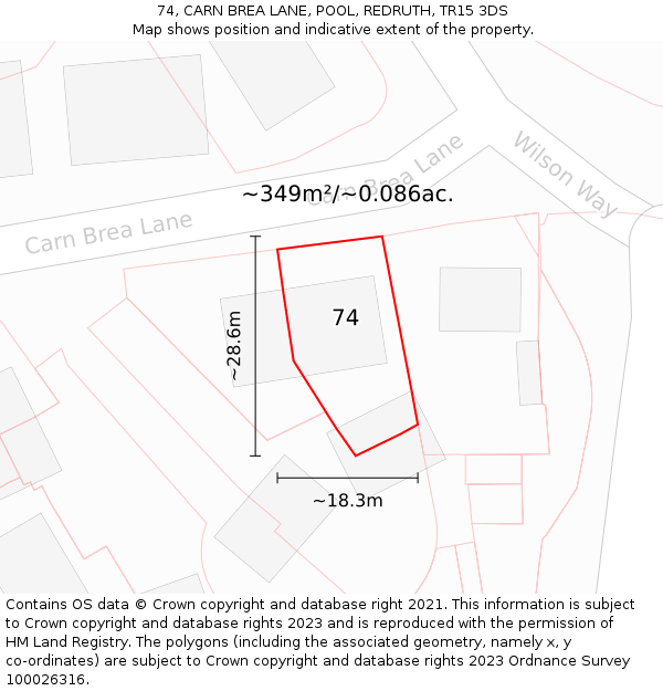 74, CARN BREA LANE, POOL, REDRUTH, TR15 3DS: Plot and title map