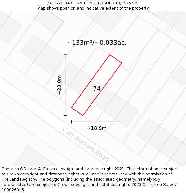 74, CARR BOTTOM ROAD, BRADFORD, BD5 9AE: Plot and title map