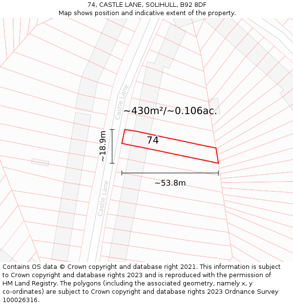 74, CASTLE LANE, SOLIHULL, B92 8DF: Plot and title map