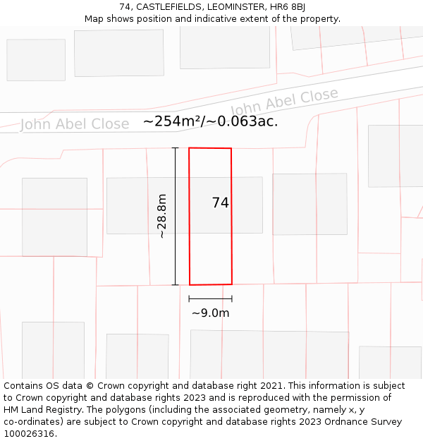 74, CASTLEFIELDS, LEOMINSTER, HR6 8BJ: Plot and title map