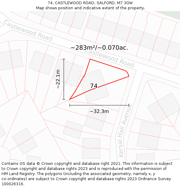 74, CASTLEWOOD ROAD, SALFORD, M7 3GW: Plot and title map