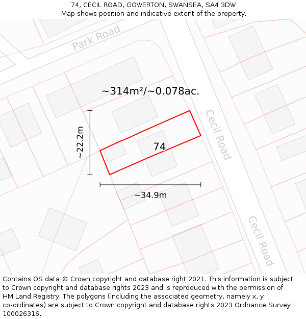 74, CECIL ROAD, GOWERTON, SWANSEA, SA4 3DW: Plot and title map