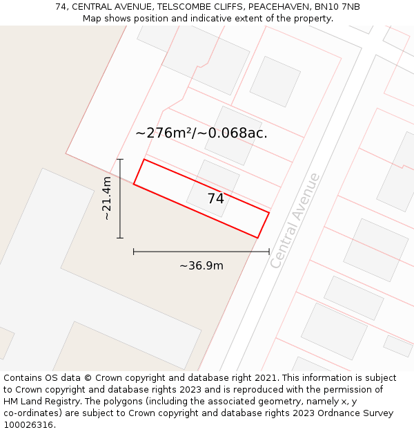 74, CENTRAL AVENUE, TELSCOMBE CLIFFS, PEACEHAVEN, BN10 7NB: Plot and title map