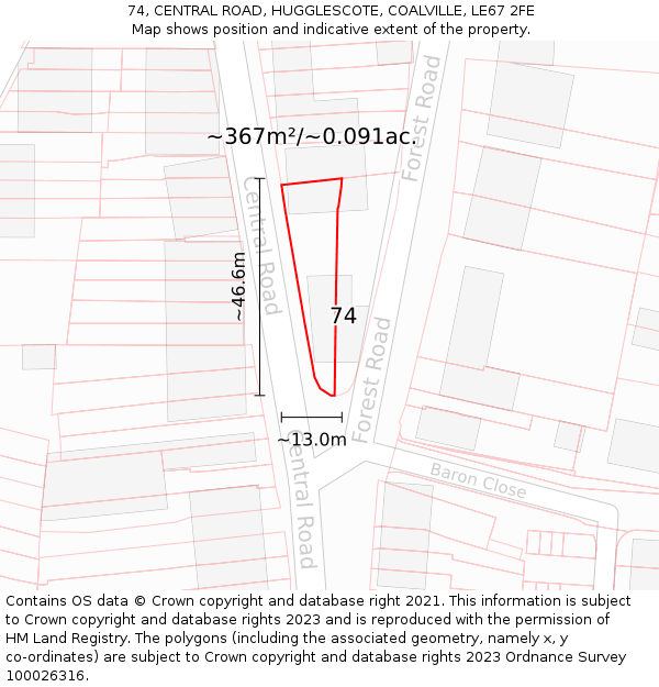 74, CENTRAL ROAD, HUGGLESCOTE, COALVILLE, LE67 2FE: Plot and title map