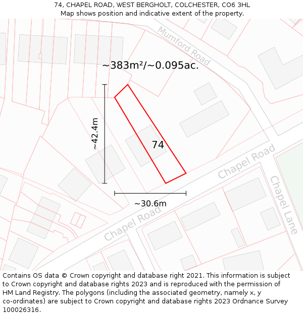 74, CHAPEL ROAD, WEST BERGHOLT, COLCHESTER, CO6 3HL: Plot and title map