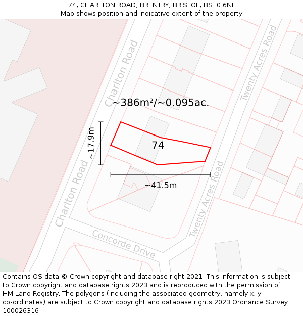 74, CHARLTON ROAD, BRENTRY, BRISTOL, BS10 6NL: Plot and title map