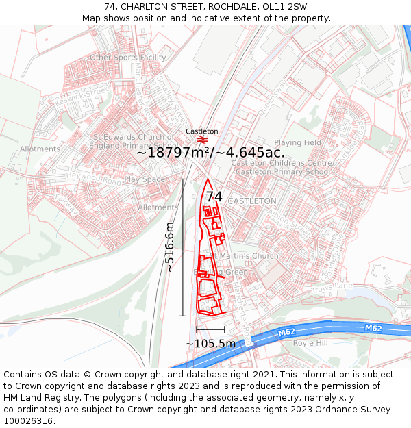 74, CHARLTON STREET, ROCHDALE, OL11 2SW: Plot and title map