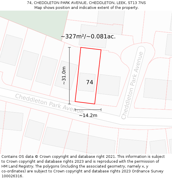 74, CHEDDLETON PARK AVENUE, CHEDDLETON, LEEK, ST13 7NS: Plot and title map