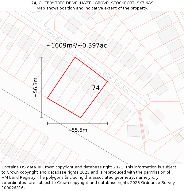 74, CHERRY TREE DRIVE, HAZEL GROVE, STOCKPORT, SK7 6AS: Plot and title map