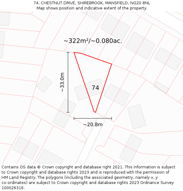 74, CHESTNUT DRIVE, SHIREBROOK, MANSFIELD, NG20 8NL: Plot and title map