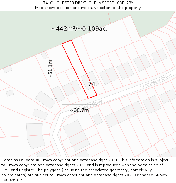 74, CHICHESTER DRIVE, CHELMSFORD, CM1 7RY: Plot and title map