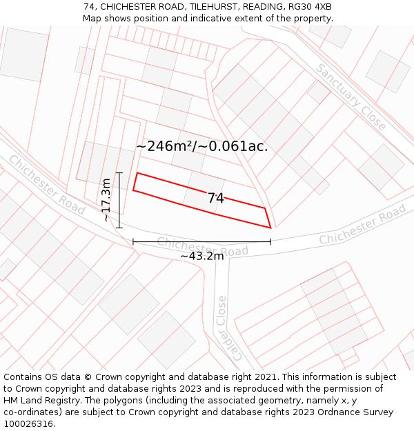 74, CHICHESTER ROAD, TILEHURST, READING, RG30 4XB: Plot and title map